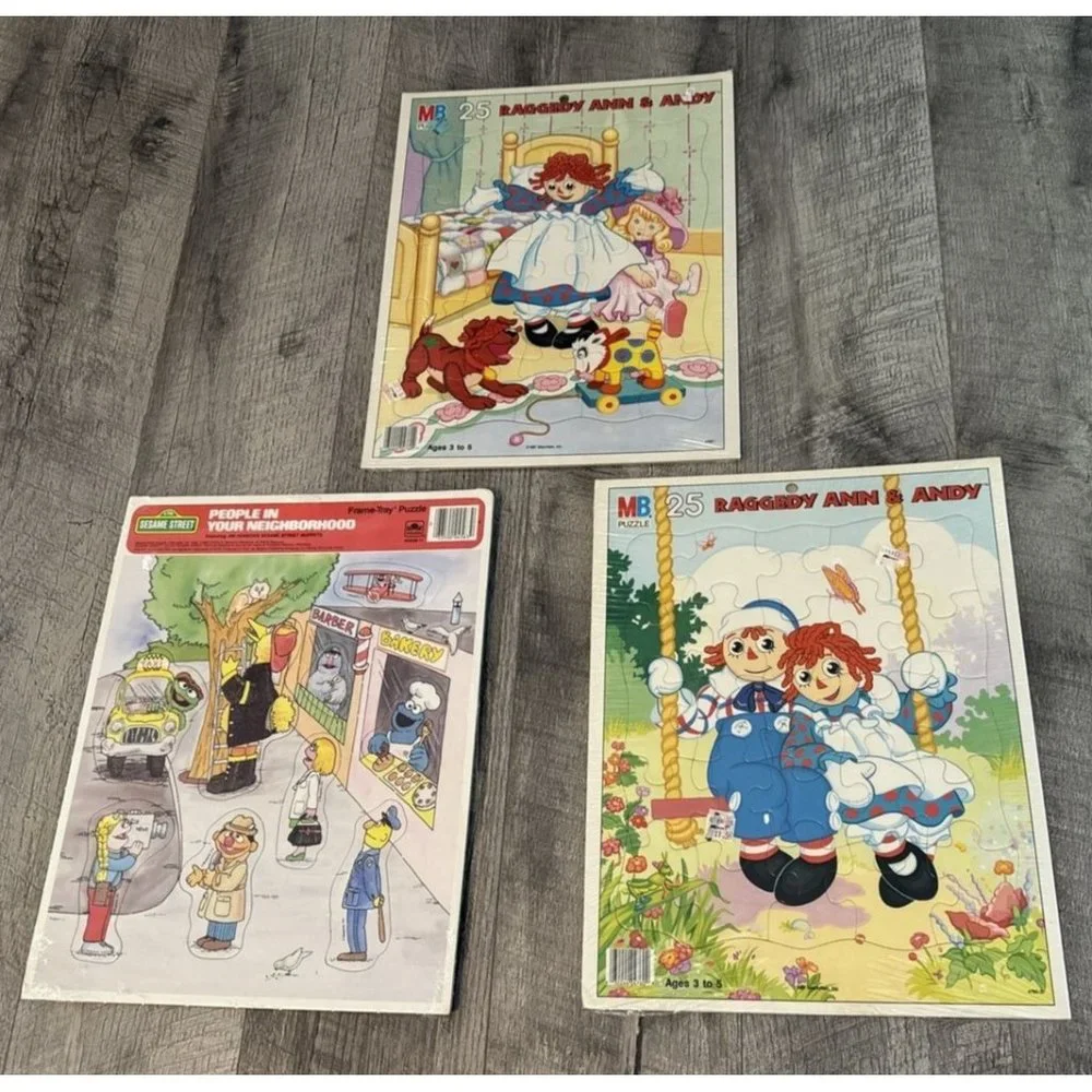 Vintage Frame Tray Puzzles Lot of 3 Sesame‎ Street Raggedy Ann Andy 1980s SEALED
